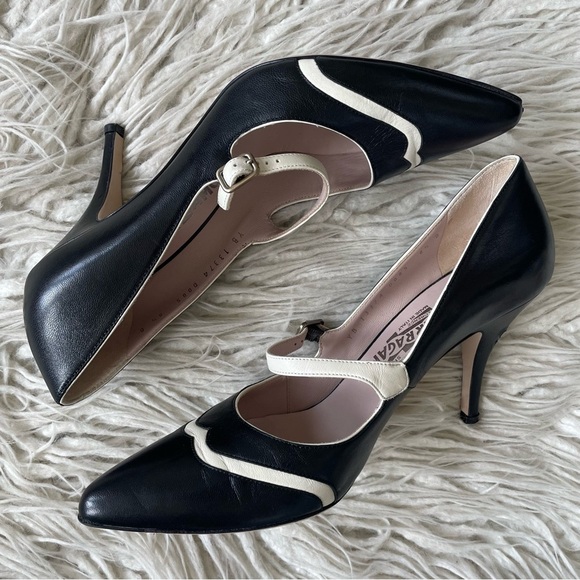 Salvatore Ferragamo Leather Colorblock Black Ivory Mary Jane Pointe Toe Pump 8.5 - Picture 2 of 11
